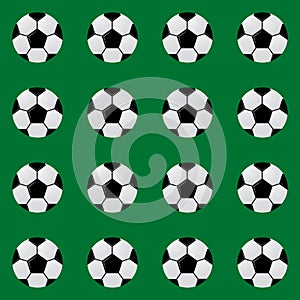 Black and white soccer balls on green seamless pattern. Football vector background. Sport recreation theme cartoon style