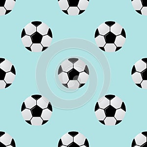 Black and white soccer balls on light blue background. Football seamless pattern. Cartoon sport vector illustration