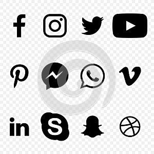 Black and white Social media Icons on transparent background vector high quality set