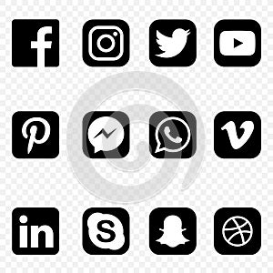 Black and white Social media Icons on transparent background vector high quality set