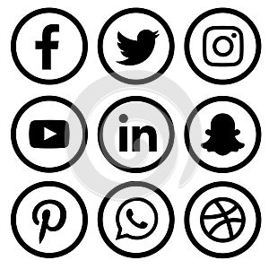 Black & white Social media logo set of facebook twitter instagram pinterest whatsapp dribble you-tube linked in and snap-chat