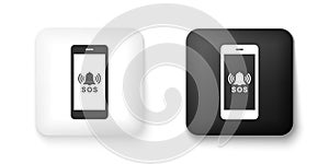 Black and white SOS call icon isolated on white background. 911, emergency, help, warning, alarm. Square button. Vector