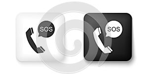 Black and white SOS call icon isolated on white background. 911, emergency, help, warning, alarm. Square button. Vector