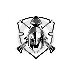 Black and white spartan with cross rifle vector badge logo template