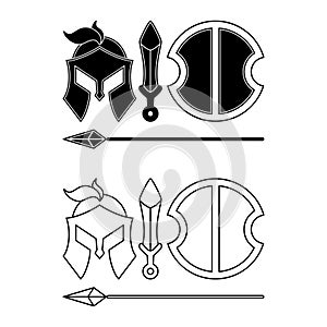 black and white spartan weapon equipment collection. helmet, spear, sword and shield