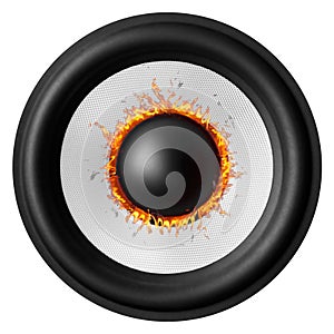 Black & white speaker on fire, isolated on white background