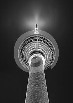 Black and white sphere of Fernsehturm TV tower in Berlin Germany