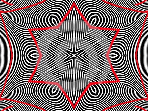 Black-and-white spiral kaleidoscopic background with line red star