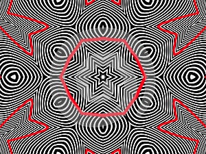 Black-and-white spiral kaleidoscopic background with red hexagon