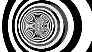 Black and white spiral strips in a tunnel. Ray burst style background, optical illusion. Abstract pattern design element. lines