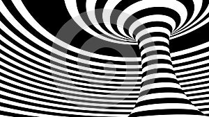 Black and white spiral strips in a tunnel. Ray burst style background, optical illusion. Abstract pattern design element. lines