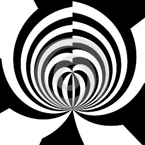 Black and white spiral strips in a tunnel. Ray burst style background, optical illusion. Abstract pattern design element. lines