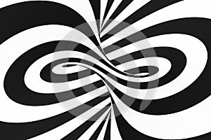 Black and white spiral tunnel. Striped twisted hypnotic optical illusion. Abstract background.