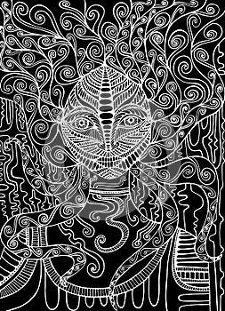 Black and white spirit shaman. Surreal fantasy doodle woman.