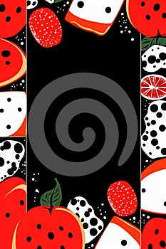 a black and white square frame with fruit and vegetables