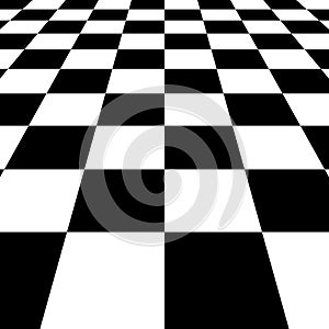 Black white squares checkered Board background, vector chessboard perspective