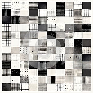 Black And White Squares Drawing With Patchwork Patterns In Sana Takeda Style