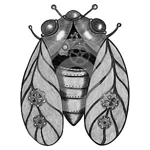 Black and White Steampunk Cicada Hand Drawn Illustration. Cicada Drawn by Pencils