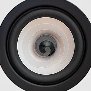 Black and white stereo speaker on a white background.