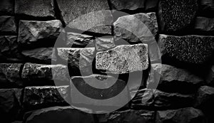 Black white stone background. Dark gray grunge banner. Mountain texture.