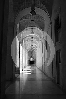 Black and white stone and marble old building corridor