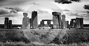 Black and white Stonehenge megalithic stone circle in Amesbury, England, United Kingdom