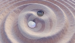 Black and white stones in sand. Yin-Yang symbol. 3D rendered illustration.