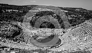 Black and White Stratonikeia Ancient City theater. A view from the top of the theater. City of Gladiators. Mugla, Turkey