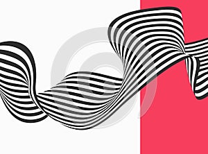 Black and white striped curved wave. Abstract illusion background.