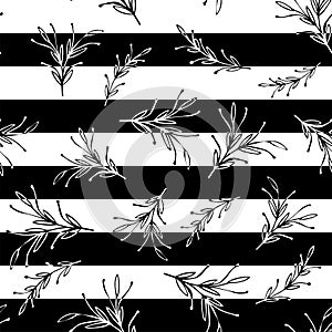 Black and white striped floral minimal simple seamless pattern