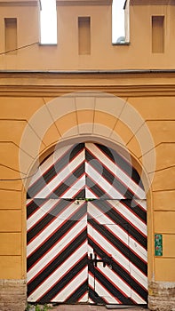 Black and white striped gates