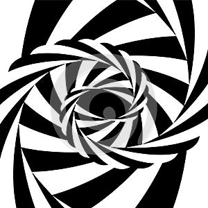 Black and White Striped Vortex Converging to the Center. Optical Illusion of Depth and Volume