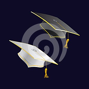 Black and white student caps. Graduation hat. Academic celebration symbol. Education square uniform photo