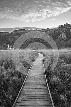 Black and white Stunning Autumn landscape sunrise image looking towards Borrowdale Valley from Manesty Park in Lake District with