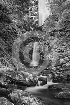 Black and white Stunning long exposure landscape early Autumn image of Pistyll Rhaeader waterfall in Wales, the tallest waterfall