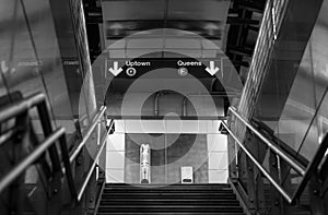 Black and White Subway Station Empty Staircase Uptown Queens Sign NYC