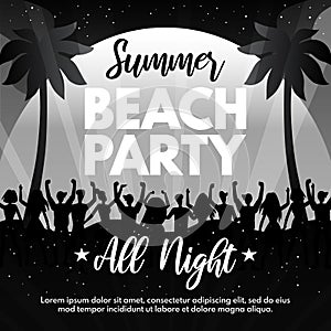 Black and white Summer Beach Party flyer with young people and palm trees. Abstract dance party vector design template  for