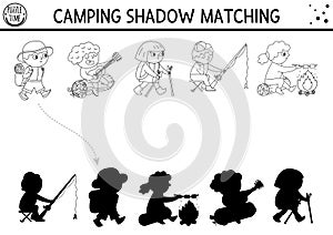 Black and white summer camp shadow matching activity with cute children. Family nature trip outline puzzle with hiking kids. Find