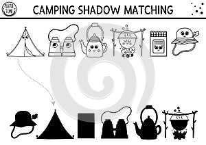 Black and white summer camp shadow matching activity with cute kawaii camping equipment. Family nature trip outline puzzle. Find