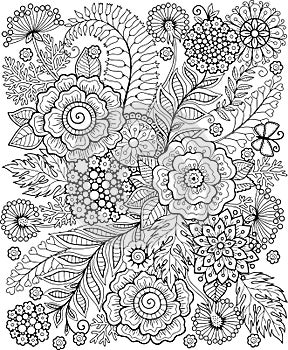 Black-and-white Summer flowe isolated on white. Abstract doodle background made of flowers and butterfly. Vector coloring page