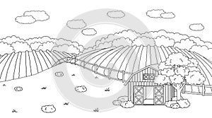 Black white summer spring farm doodle concept in countryside. Cartoon vector cute red barn with open doors, fence clouds, field,