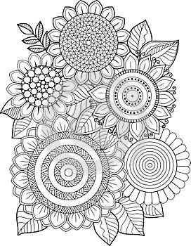 Black-and-white Sunflowers isolated on white. Abstract doodle background made of flowers and butterfly. Vector coloring page