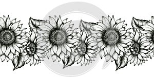 Black and white sunflowers seamless border, realistic wildflowers decorative illustration, sunflower ink art, black floral sketch