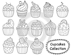 Black and white sweet cupcakes set for coloring book. Yummy dessert outline