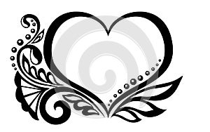 Black-and-white symbol of a heart with floral desi