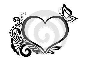 Black-and-white symbol of a heart with floral desi