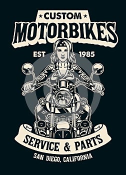 Black and white t-shirt design of Woman Motorcycle Rider in vintage style photo