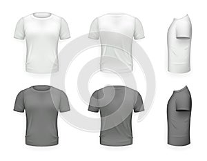 Black and White T-shirt Front Side Back View Template Realistic 3d Design Icon Transparent Background Isolated Vector