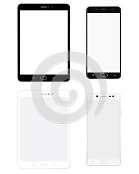 Black and white Tablet  and smartphone set with white screen. Tablet and mobile phone vector eps10