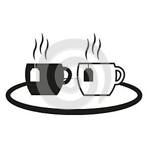 Black and White Tea Cups with Steam on Saucer Icon. Vector illustration. EPS 10.